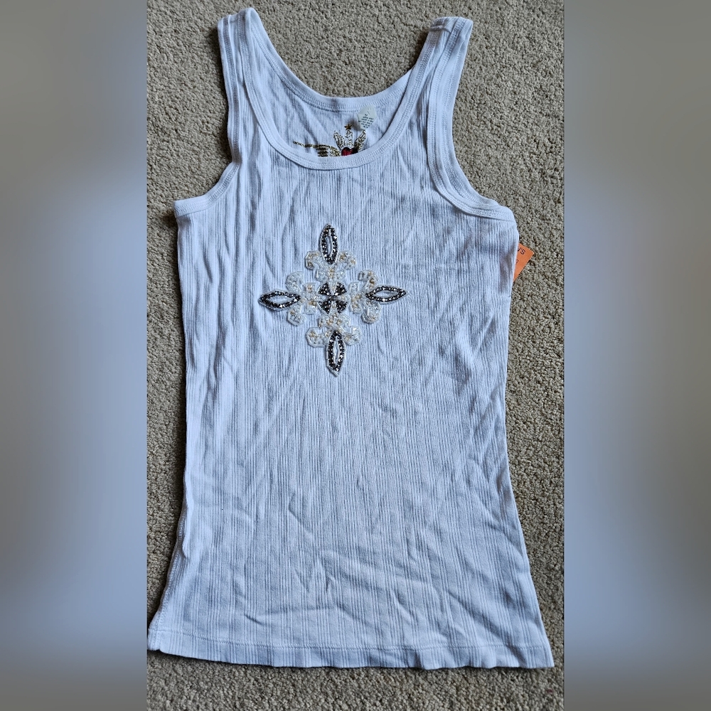 NWT Vintage Twisted Heart White Cotton Crystal/Sequin/Bead Cross Tank Top Size P